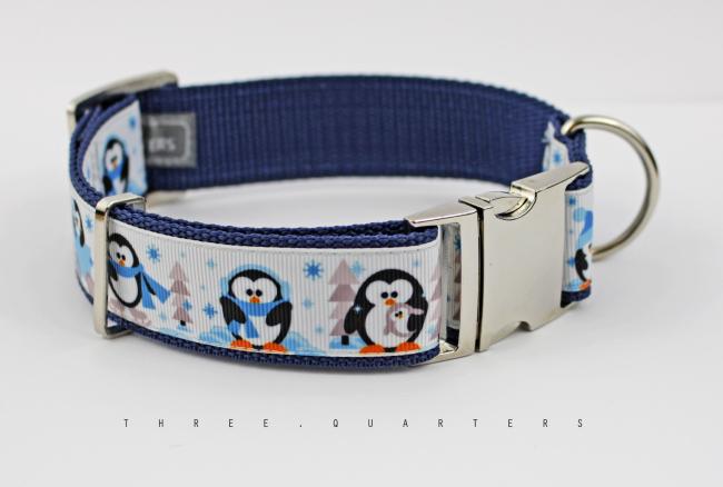 Hundehalsband mit Pinguinen, blau und weiß, 30mm
